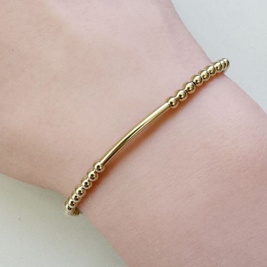 Wholesale 14K Gold Filled 3mm Smooth Beaded Stretchy Bracelet with Smooth Curved Tube- 6.5" or 7"