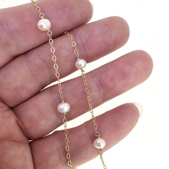 Wholesale 1/20 14K Gold Filled 4mm Off Round Freshwater Pearl Link Satellite Chain  (Sold Per Foot)