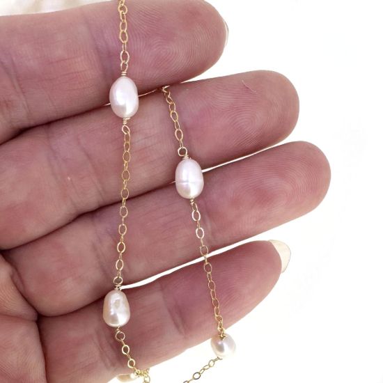 Wholesale 1/20 14K Gold Filled 4*7mm Rice Shape Freshwater Pearl Link Satellite Chain  (Sold Per Foot)