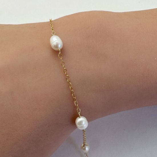 Wholesale 1/20 14K Gold Filled 4*7mm Rice Shape Freshwater Pearl Link Satellite Chain  (Sold Per Foot)