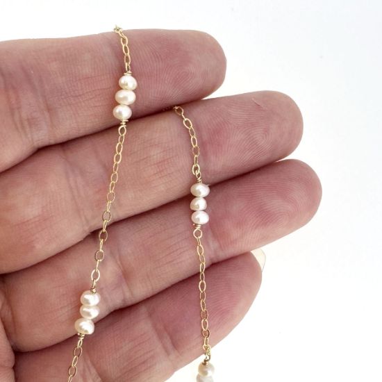 Wholesale 1/20 14K Gold Filled 3mm Freshwater Triple Pearl Link Satellite Chain  (Sold Per Foot)