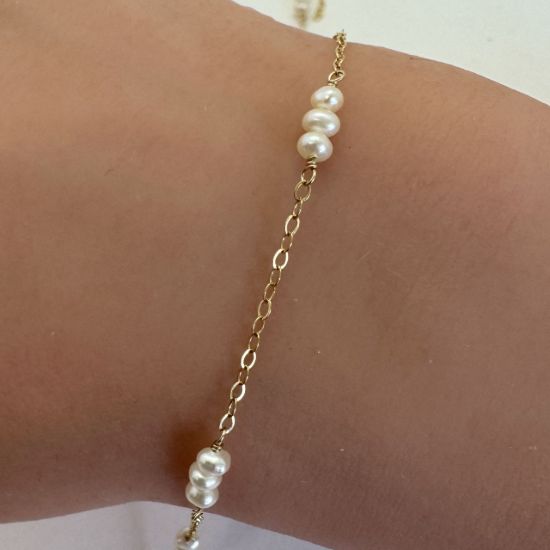 Wholesale 1/20 14K Gold Filled 3mm Freshwater Triple Pearl Link Satellite Chain  (Sold Per Foot)