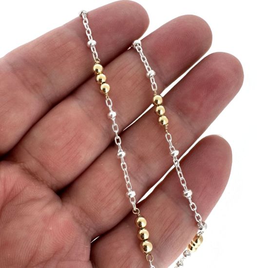Wholesale 1/20 14K Gold Filled and Sterling Silver Two-Toned Bulk Chain -Satellite Chain with Triple Gold Filled Beads (Sold Per Foot)