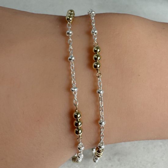 Wholesale 1/20 14K Gold Filled and Sterling Silver Two-Toned Bulk Chain -Satellite Chain with Triple Gold Filled Beads (Sold Per Foot)