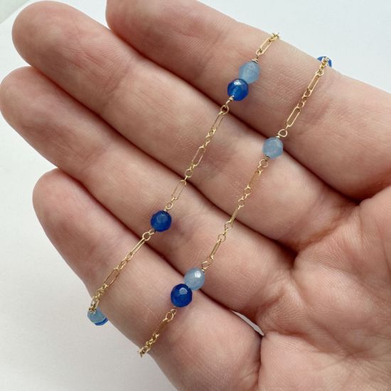 wholesale gold filled satellite chain blue agate bead chain cable chain
