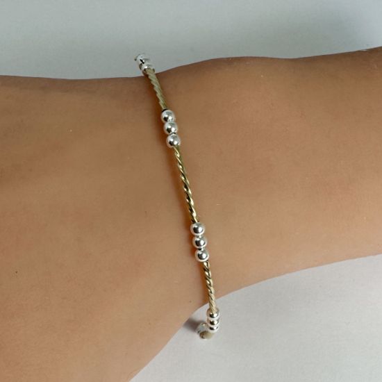 Wholesale 1/20 14K Gold Filled Sparkle Tube and Sterling Silver Beads Two Toned Bangle Charm Connector-4 Inch