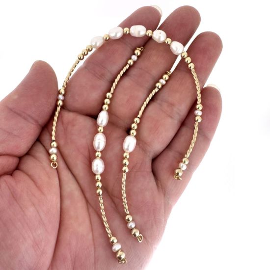 Wholesale 1/20 14K Gold Filled Sparkle Tube and Fresh Water Rice Shape Pearls Bangle Charm Connector