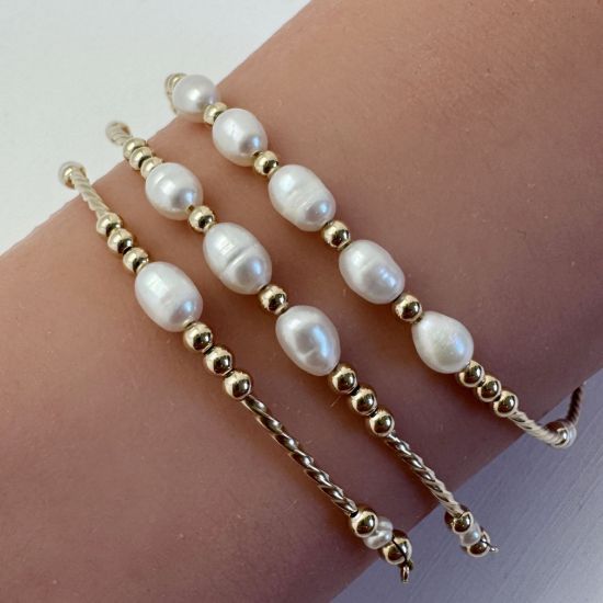 Wholesale 1/20 14K Gold Filled Sparkle Tube and Fresh Water Rice Shape Pearls Bangle Charm Connector