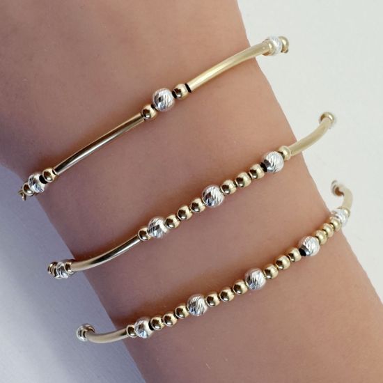 Wholesale 1/20 14K Gold Filled Smooth Tube and Sterling Silver Sparkle Beads Two Toned Bangle Charm Connector