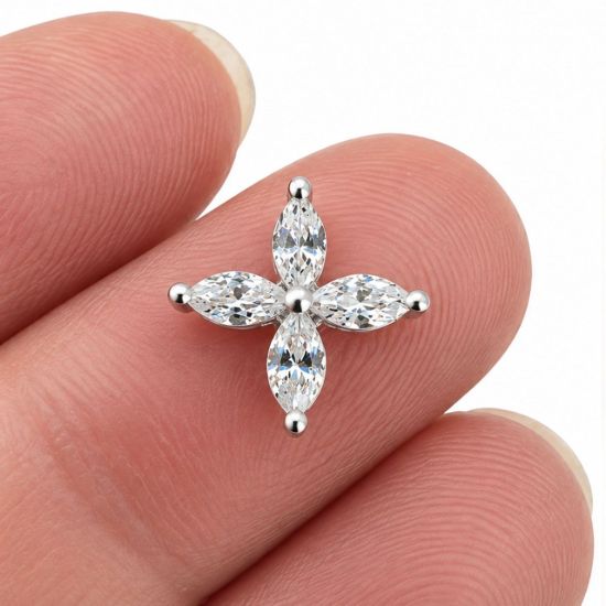 Wholesale 925 Sterling Silver Four-Petal Marquise CZ Flower Charm Connector- 8mm (sold per piece)