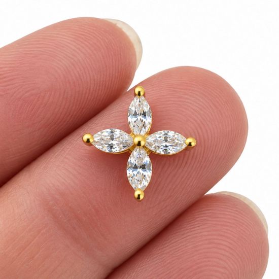 Wholesale Gold over Sterling Silver Four-Petal Marquise CZ Flower Charm Connector- 8mm (sold per piece)