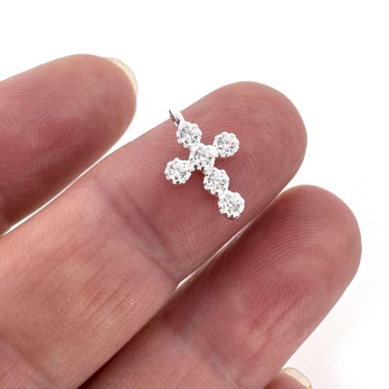 Wholesale 925 Sterling Silver Small Fancy Cross Charm with 6 CZ Stones- 13mm (sold per piece)