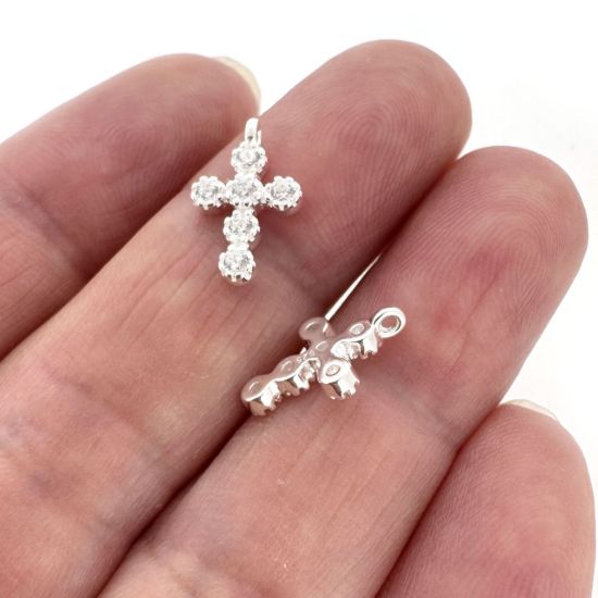 Wholesale 925 Sterling Silver Small Fancy Cross Charm with 6 CZ Stones- 13mm (sold per piece)