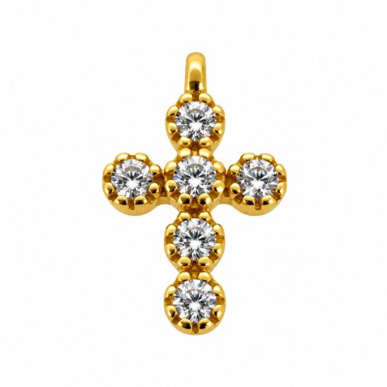 Wholesale Gold over Sterling Silver Small Fancy Cross Charm with 6 CZ Stones- 13mm (sold per piece)