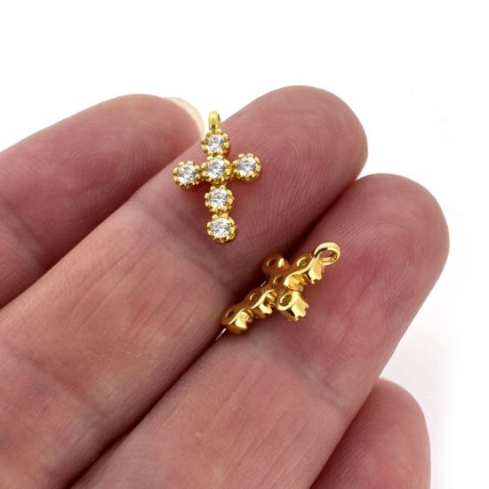 Wholesale Gold over Sterling Silver Small Fancy Cross Charm with 6 CZ Stones- 13mm (sold per piece)