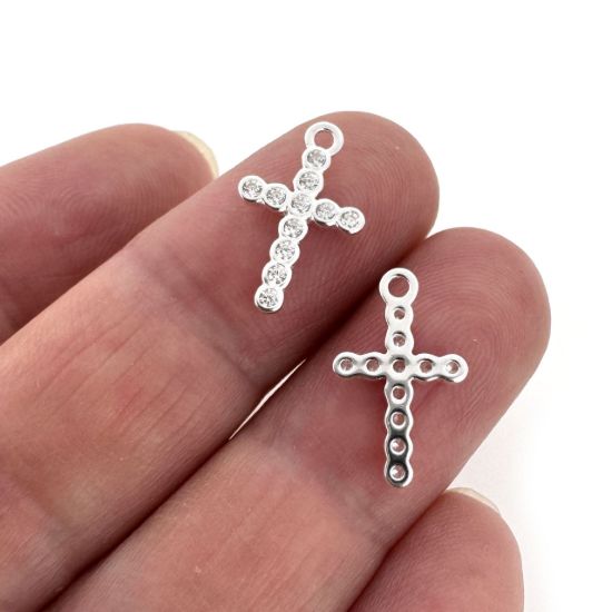 Wholesale 925 Sterling Silver Small Cross Charm with CZ Stones- 15mm (sold per piece)