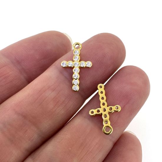 Wholesale Gold over Sterling Silver Small Cross Charm with CZ Stones- 15mm (sold per piece)