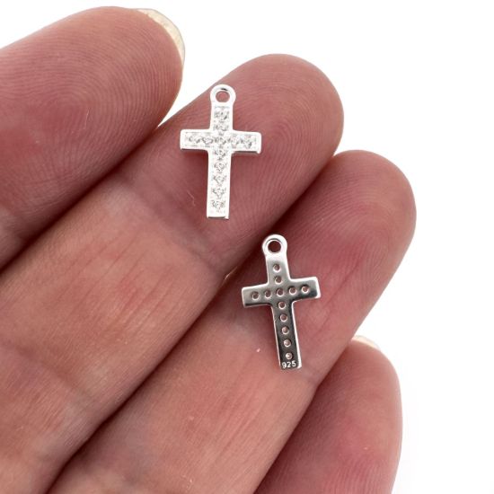 Wholesale 925 Sterling Silver Classic Small Cross Charm with CZ Stones- 13mm (sold per piece)