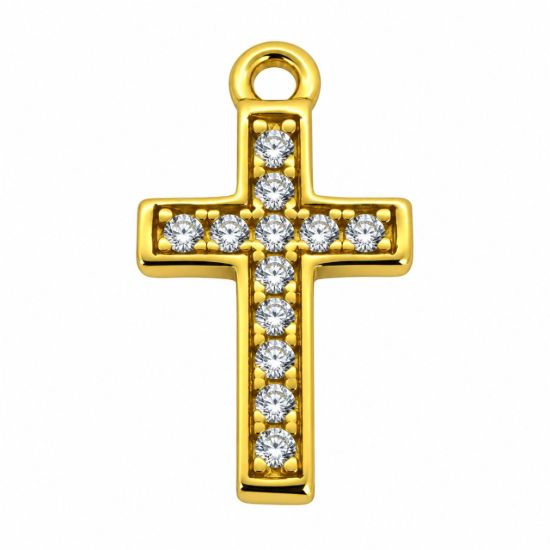 Wholesale Gold over Sterling Silver Classic Small Cross Charm with CZ Stones- 13mm (sold per piece)