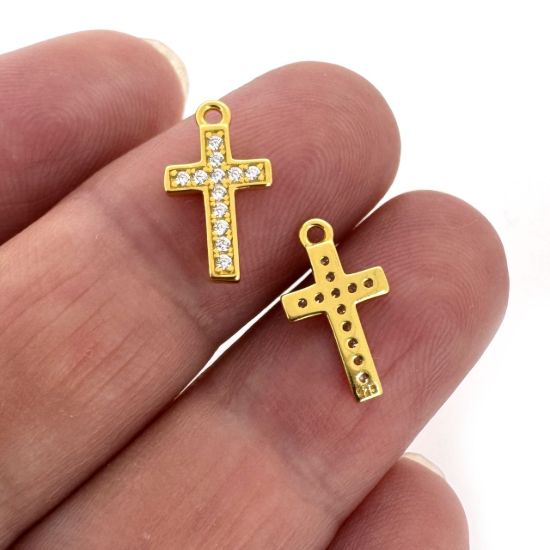 Wholesale Gold over Sterling Silver Classic Small Cross Charm with CZ Stones- 13mm (sold per piece)