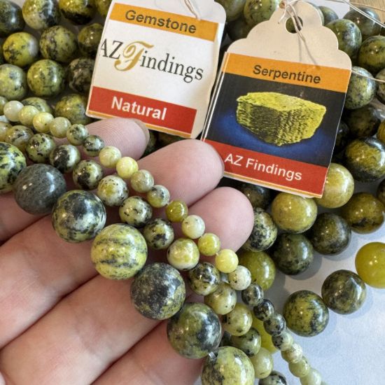 Wholesale Natural Gemstone Beads - 100% Genuine Yellow Serpentine Gemstone Bead - Smooth Round Shape - (Sold Per 15" Strand)