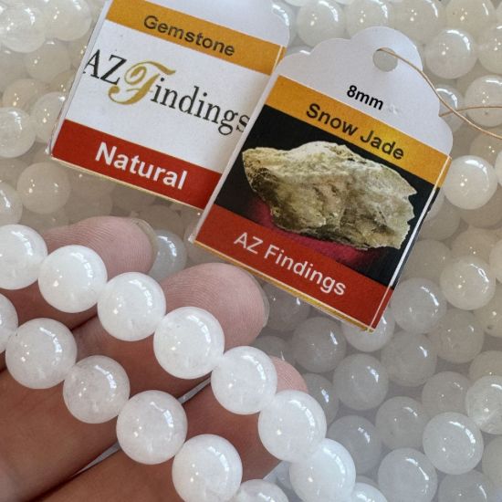 Wholesale Natural Gemstone Beads - 100% Genuine Snow Jade Gemstone Bead - Smooth Round Shape - (Sold Per 15" Strand)