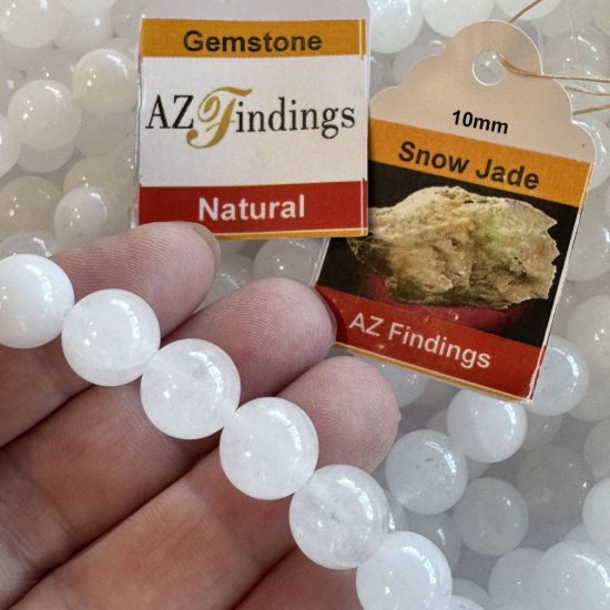 Wholesale Natural Gemstone Beads - 100% Genuine Snow Jade Gemstone Bead - Smooth Round Shape - (Sold Per 15" Strand)