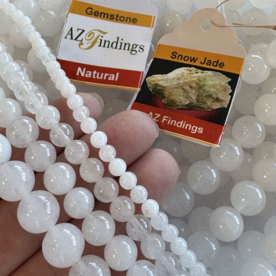 Wholesale Natural Gemstone Beads - 100% Genuine Snow Jade Gemstone Bead - Smooth Round Shape - (Sold Per 15" Strand)