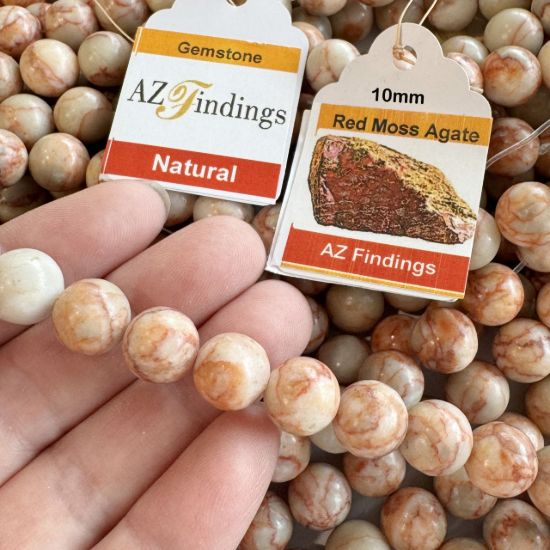 Wholesale Natural Gemstone Beads - 100% Genuine Red Moss Agate Gemstone Bead - Smooth Round Shape - (Sold Per 15" Strand)