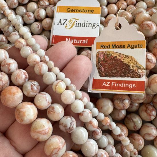 Wholesale Natural Gemstone Beads - 100% Genuine Red Moss Agate Gemstone Bead - Smooth Round Shape - (Sold Per 15" Strand)