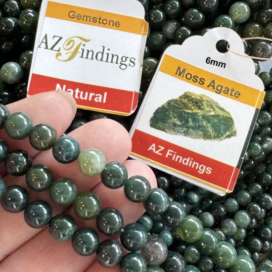 Wholesale Natural Gemstone Beads - 100% Genuine Moss Agate Gemstone Bead - Smooth Round Shape - (Sold Per 15" Strand)