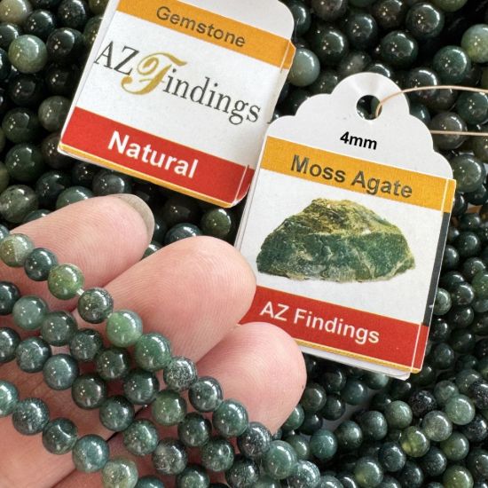 Wholesale Natural Gemstone Beads - 100% Genuine Moss Agate Gemstone Bead - Smooth Round Shape - (Sold Per 15" Strand)