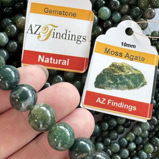 Wholesale Natural Gemstone Beads - 100% Genuine Moss Agate Gemstone Bead - Smooth Round Shape - (Sold Per 15" Strand)