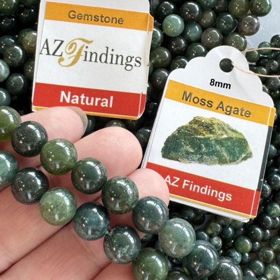 Wholesale Natural Gemstone Beads - 100% Genuine Moss Agate Gemstone Bead - Smooth Round Shape - (Sold Per 15" Strand)