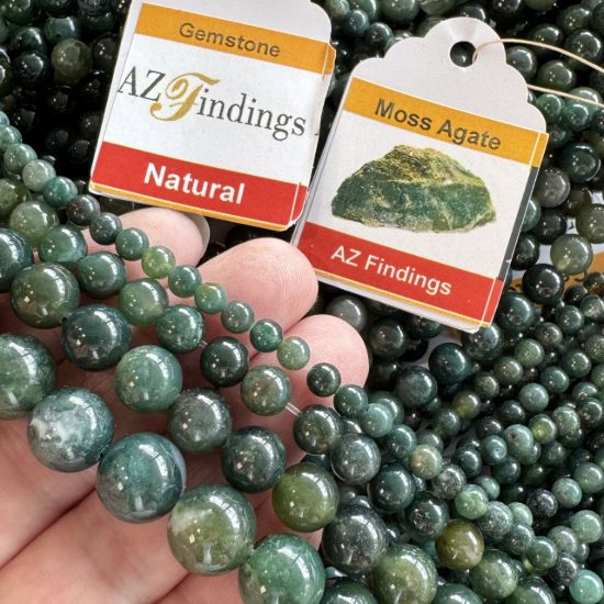 Wholesale Natural Gemstone Beads - 100% Genuine Moss Agate Gemstone Bead - Smooth Round Shape - (Sold Per 15" Strand)