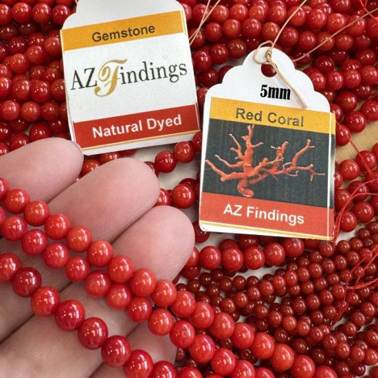 Wholesale Natural Gemstone Beads -Dyed Red Coral Gemstone Bead - Smooth Round Shape - (Sold Per 15" Strand)