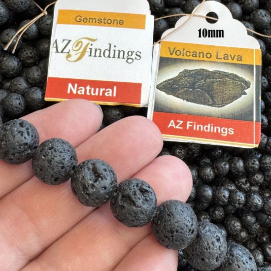 Wholesale Natural Gemstone Beads - 100% Genuine Volcano Black Lava Gemstone Bead - Smooth Round Shape - (Sold Per 15" Strand)