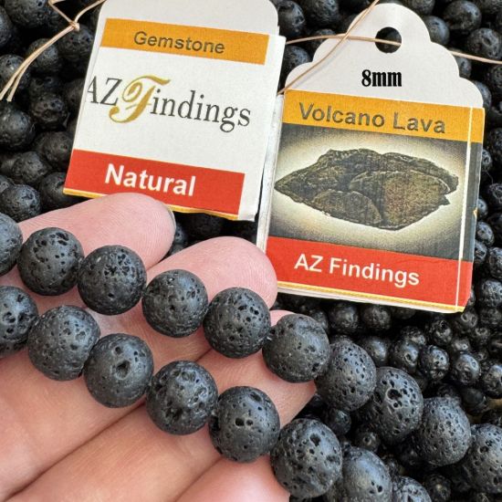Wholesale Natural Gemstone Beads - 100% Genuine Volcano Black Lava Gemstone Bead - Smooth Round Shape - (Sold Per 15" Strand)