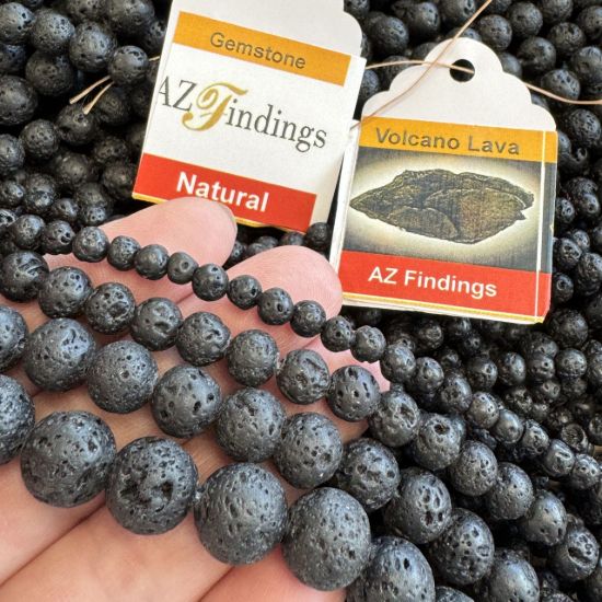 Wholesale Natural Gemstone Beads - 100% Genuine Volcano Black Lava Gemstone Bead - Smooth Round Shape - (Sold Per 15" Strand)