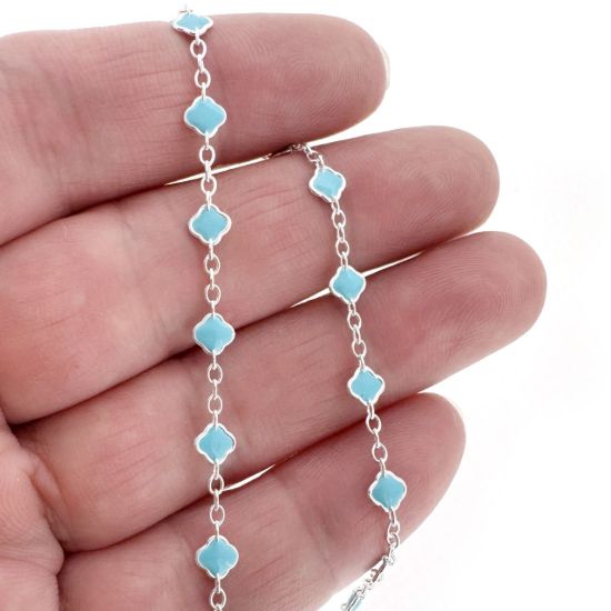 Wholesale 925 Sterling Silver 4mm Enamel Clover with Cable Chain(Turquoise Color)(Sold per foot)