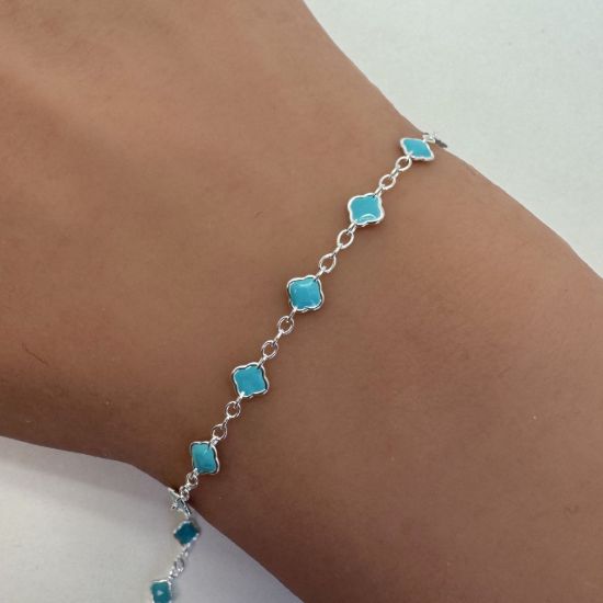 Wholesale 925 Sterling Silver 4mm Enamel Clover with Cable Chain(Turquoise Color)(Sold per foot)