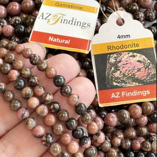 Wholesale Natural Gemstone Beads - 100% Genuine Rhodonite with Matrix Gemstone Bead - Smooth Round Shape - (Sold Per 15" Strand)
