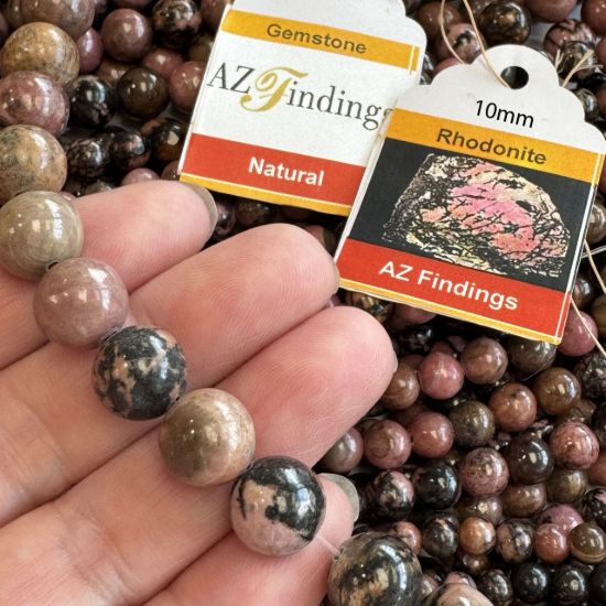 Wholesale Natural Gemstone Beads - 100% Genuine Rhodonite with Matrix Gemstone Bead - Smooth Round Shape - (Sold Per 15" Strand)