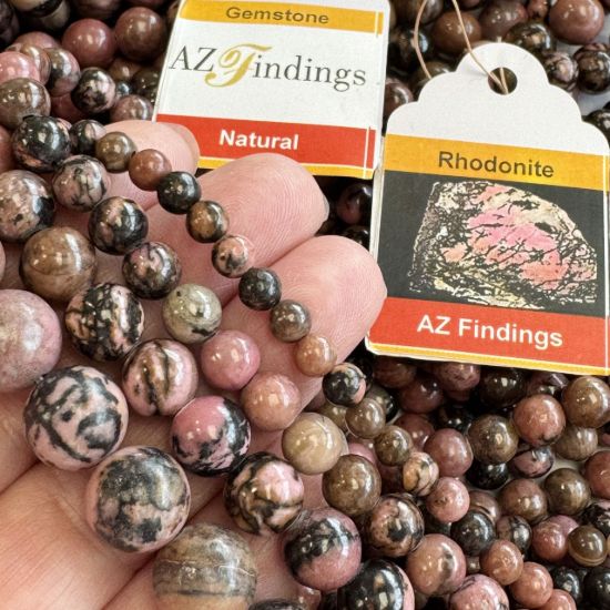 Wholesale Natural Gemstone Beads - 100% Genuine Rhodonite with Matrix Gemstone Bead - Smooth Round Shape - (Sold Per 15" Strand)