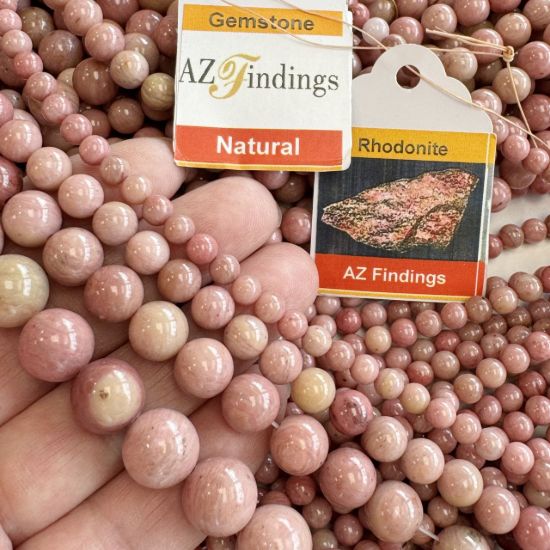 Wholesale Natural Gemstone Beads - 100% Genuine Pink Rhodonite Gemstone Bead - Smooth Round Shape - (Sold Per 15" Strand)