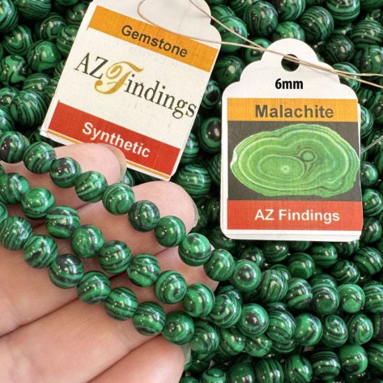 Wholesale Synthetic Gemstone Beads - Green Malachite Gemstone Bead - Smooth Round Shape -(Sold Per 15" Strand)