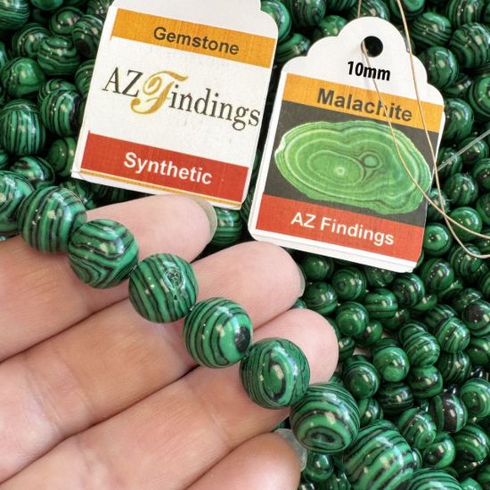 Wholesale Synthetic Gemstone Beads - Green Malachite Gemstone Bead - Smooth Round Shape -(Sold Per 15" Strand)