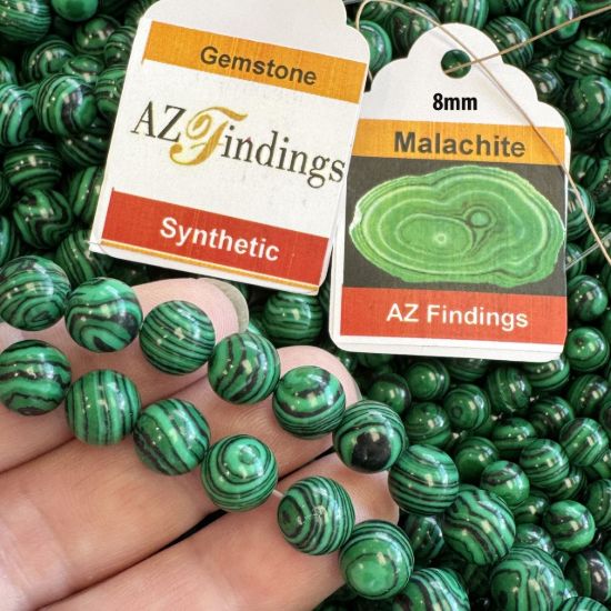 Wholesale Synthetic Gemstone Beads - Green Malachite Gemstone Bead - Smooth Round Shape -(Sold Per 15" Strand)