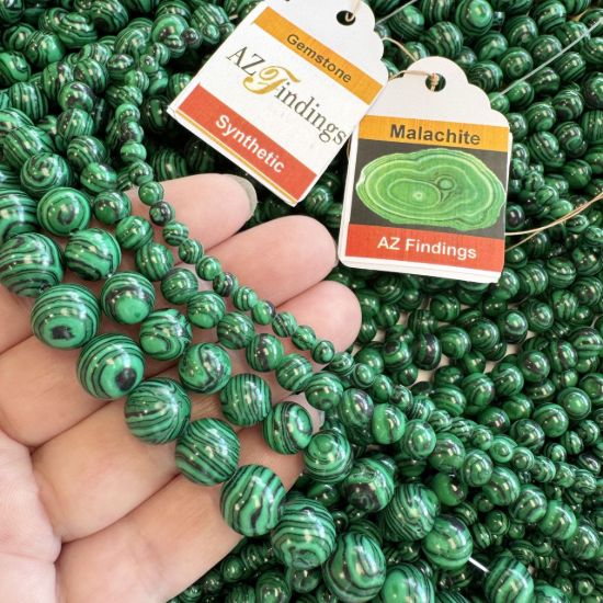 Wholesale Synthetic Gemstone Beads - Green Malachite Gemstone Bead - Smooth Round Shape -(Sold Per 15" Strand)